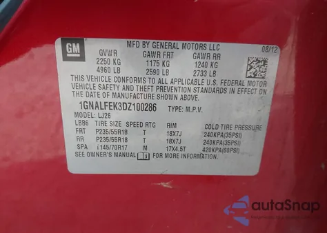 2013 Chevrolet Equinox Ltz из США, поврежденный, VIN 1GNALFEK3DZ100286